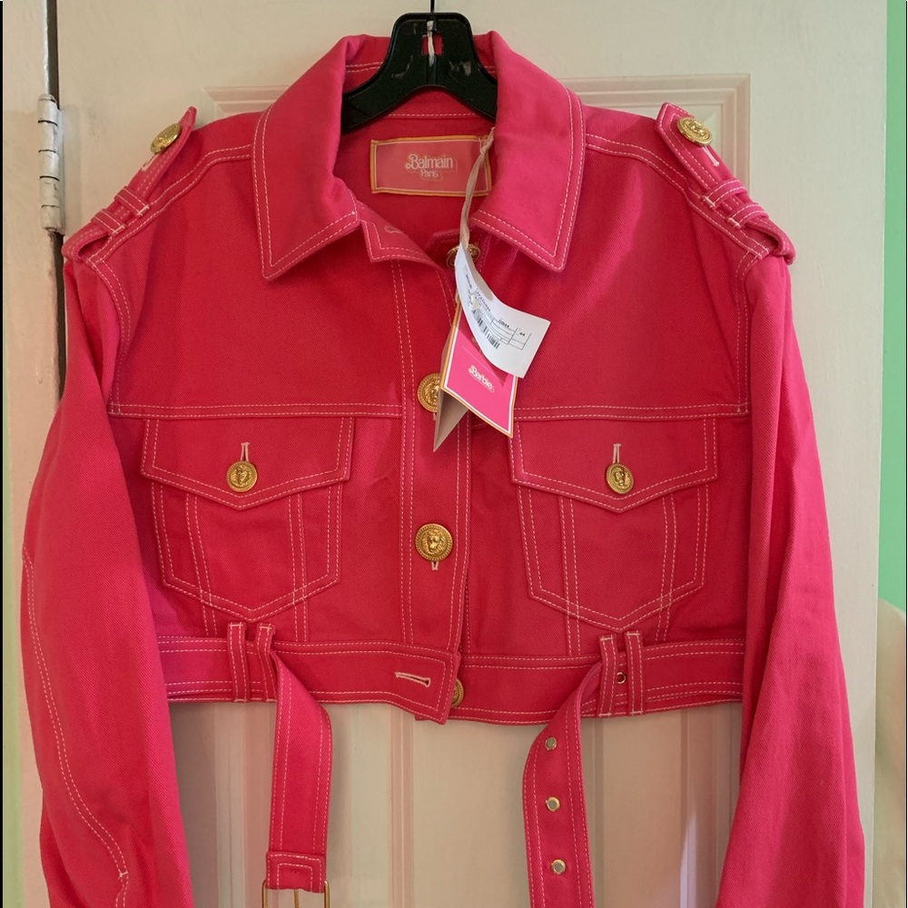 NWT $2395 Balmain X Barbie Logo Patch Cropped Denim Jacket - Sz 44 FR (12 US)